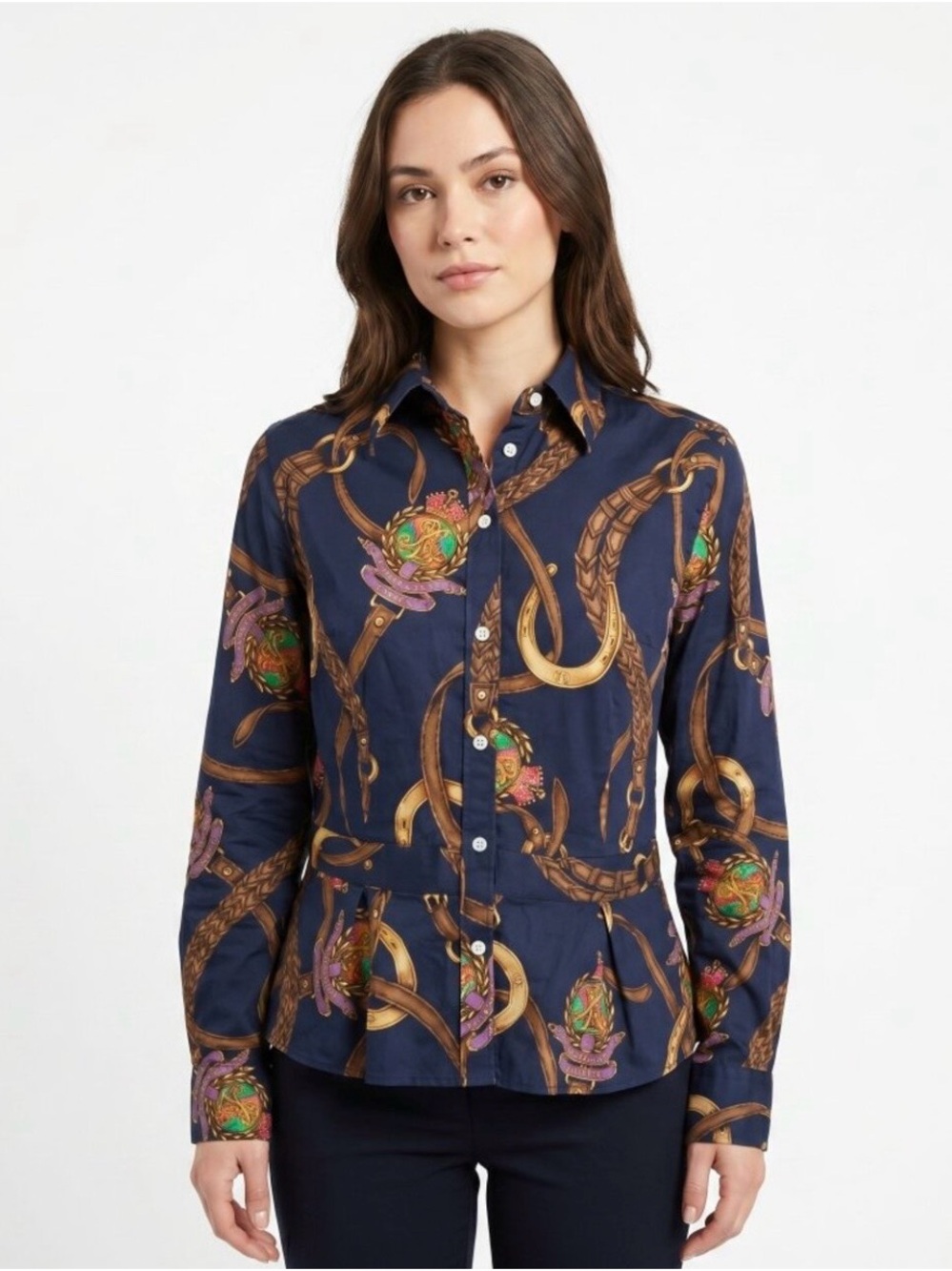 Ralph Lauren Navy Equestrian Print Button-Down Shirt Size 14